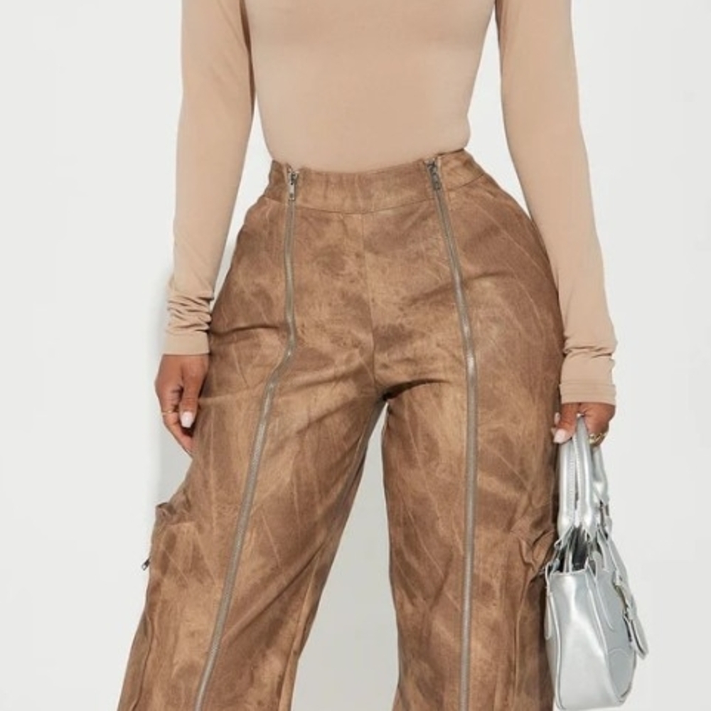 Brown Faux Leather Wide Leg High-Waisted Pants